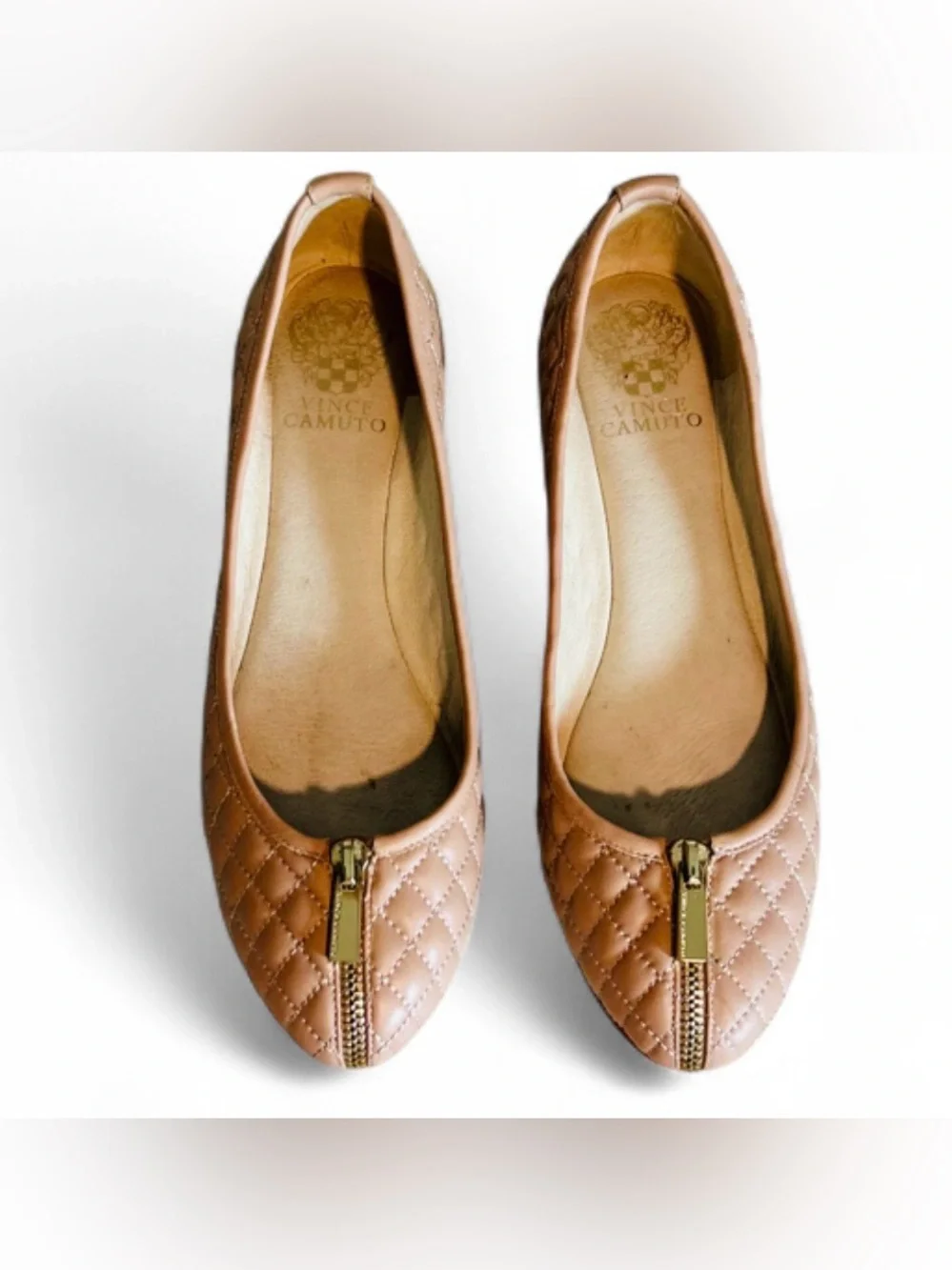 Vince Camuto Minndy Blush Quilted Leather Ballet Flats with Gold Zipper 10